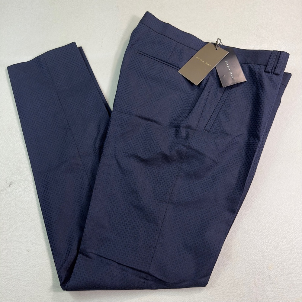 Zara Man Dress Pants Stretch Navy Slim Fit Zipper Fly